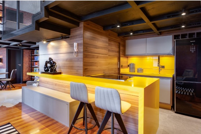 Wood and stone counter with lighting